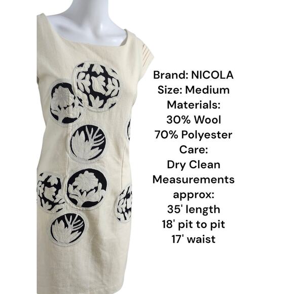 NICOLA Dress M Wool Blend Shift Dress Cap Sleeve Knee Length Dress W Embroidery - Picture 3 of 11